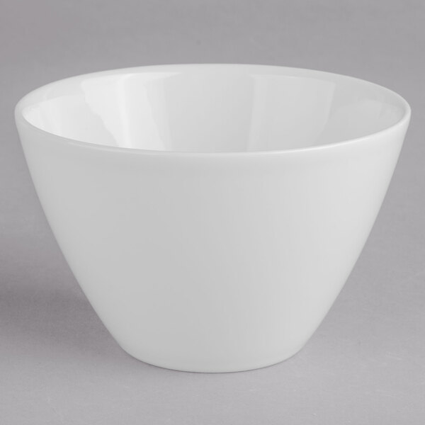 A white Villeroy & Boch porcelain bowl on a gray surface.