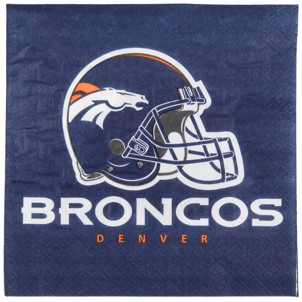 A Creative Converting Denver Broncos luncheon napkin with a helmet and logo on it.