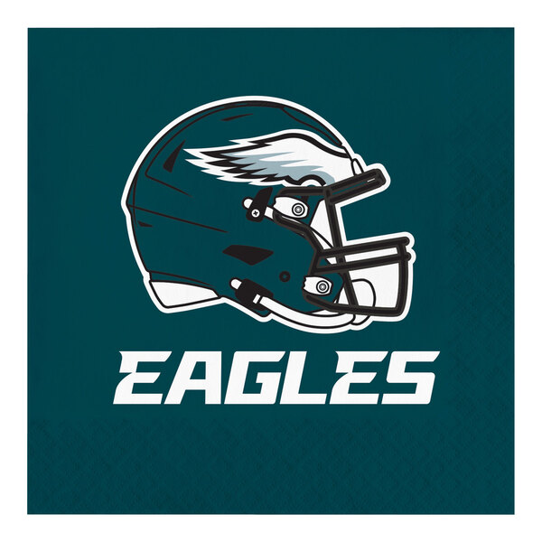 A Creative Converting Philadelphia Eagles luncheon napkin with a football helmet on it.