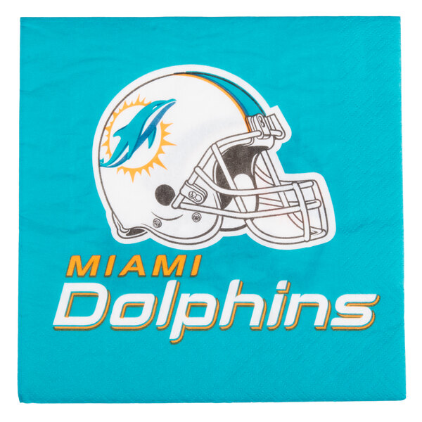 A white luncheon napkin with the Miami Dolphins football team logo in blue, orange, and yellow.