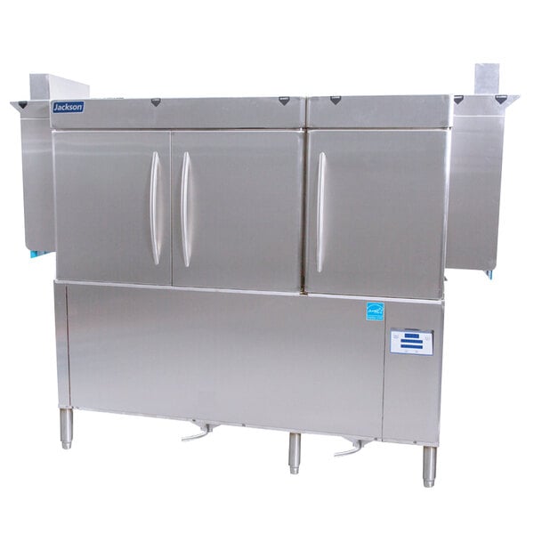 A stainless steel Jackson RackStar conveyor dishwasher with two doors.