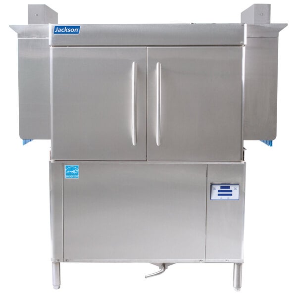 A large stainless steel Jackson RackStar conveyor dishwasher.