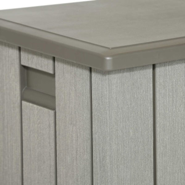 A close-up of a gray Lifetime outdoor storage box with a lid on top.