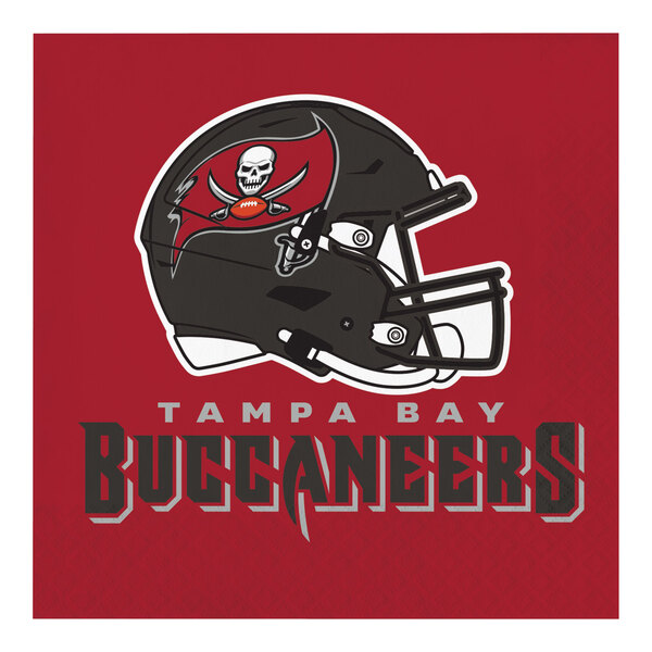 A red luncheon napkin with the Tampa Bay Buccaneers logo in white, including a football helmet with a skull.