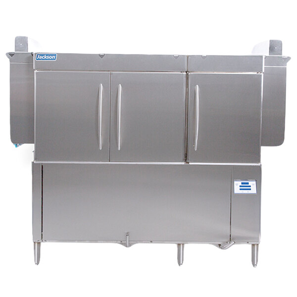 A Jackson RackStar stainless steel conveyor dishwasher.
