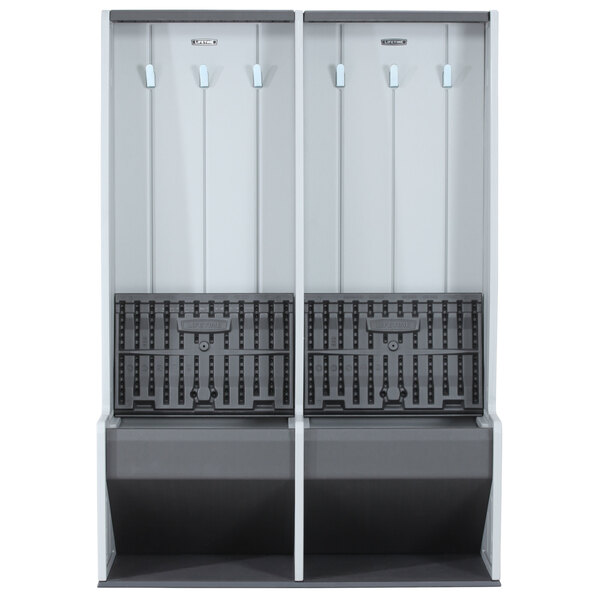 A black Lifetime outdoor double locker with two shelves and two doors.