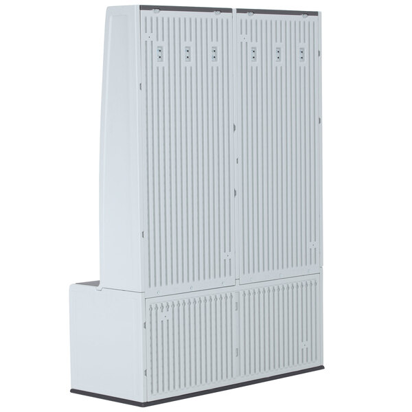 A white metal cabinet with double metal lockers.