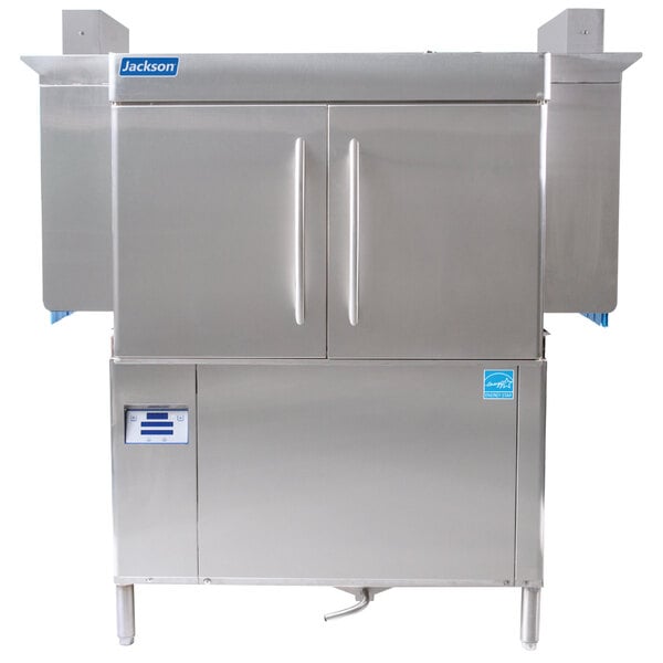 A large stainless steel Jackson RackStar conveyor dishwasher.
