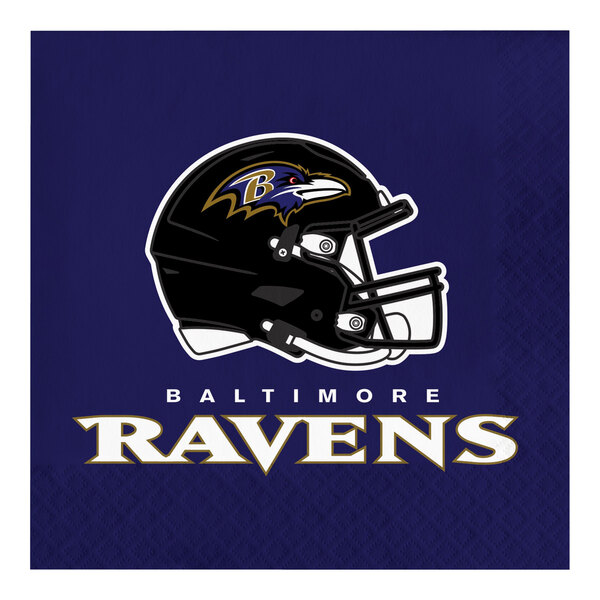 A white luncheon napkin with a Baltimore Ravens football helmet on it.