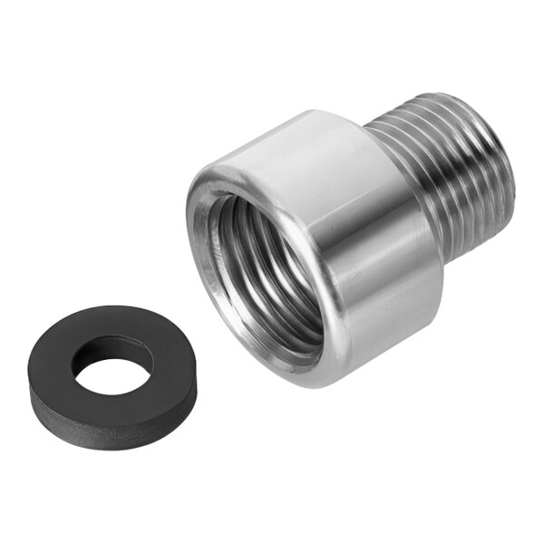 A silver metal Fisher female to male adapter with a black washer and nut.