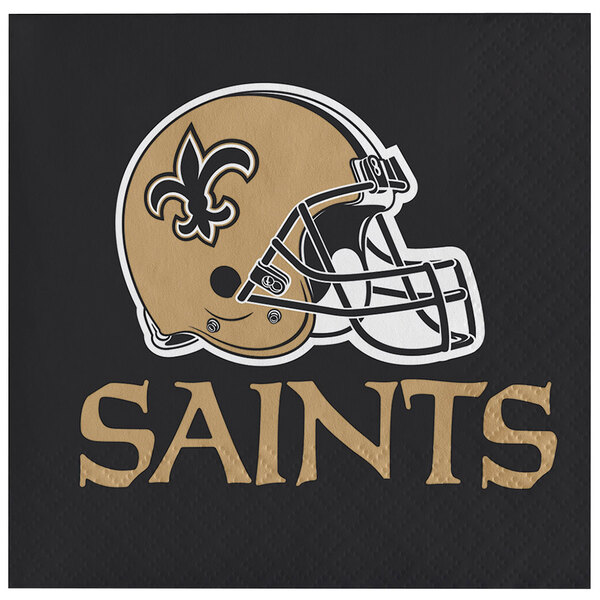 A white luncheon napkin with a black New Orleans Saints fleur-de-lis logo.