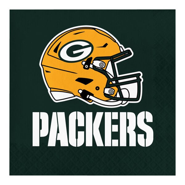 A white Creative Converting napkin with a yellow and green Green Bay Packers helmet logo.