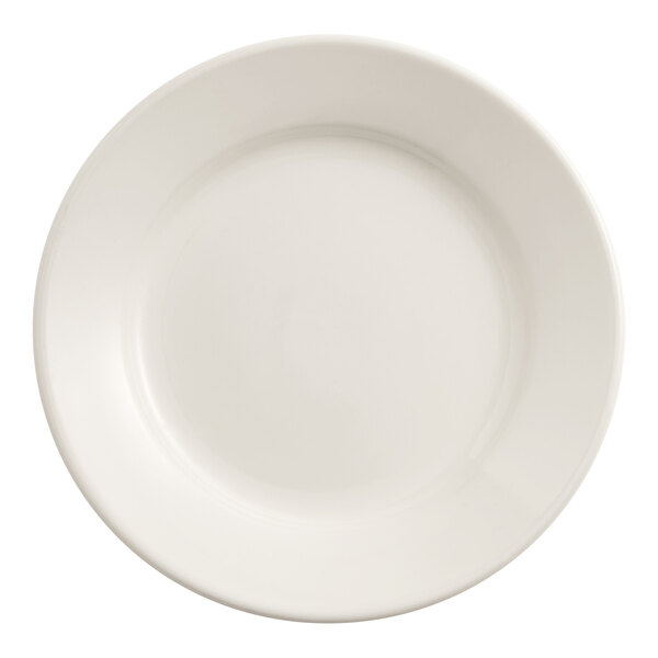 An Acopa ivory stoneware plate with a white rim.