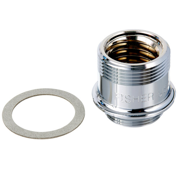 A Fisher brass stem adapter with a round gasket on a stainless steel threaded pipe.