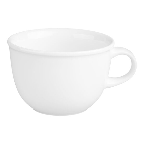 A plain white porcelain cup with a handle, shown against a white background.