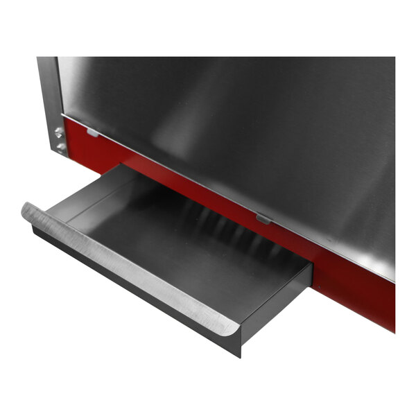 A red metal drawer with a silver handle.