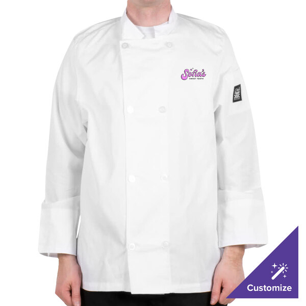 A man wearing a white Chef Revival chef jacket with purple embroidery.