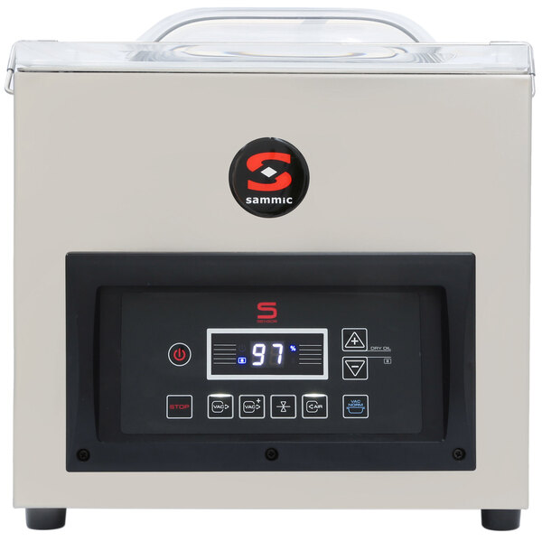 A white rectangular Sammic vacuum packaging machine with a black digital display and black button.