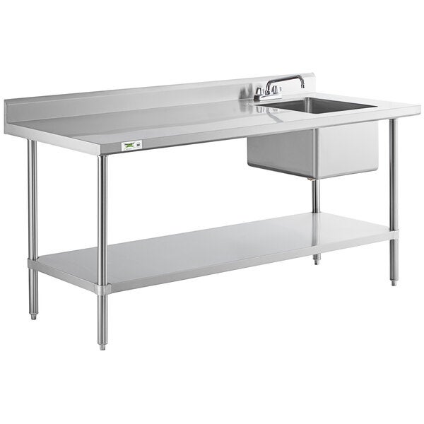 A stainless steel work table with a right-side sink, faucet, and lower shelf.