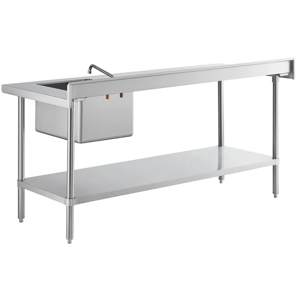 A stainless steel work table with an integrated sink and faucet, featuring a lower shelf for storage.