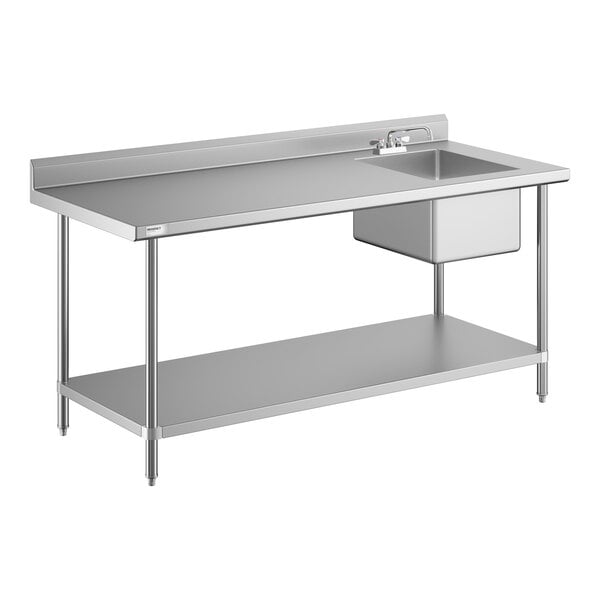 A stainless steel work table with an integrated sink and faucet on the right side, featuring a backsplash and a lower shelf for storage.