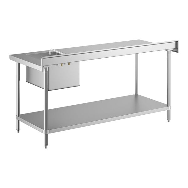 A stainless steel work table with an integrated sink and faucet on the right side, featuring an undershelf for additional storage.