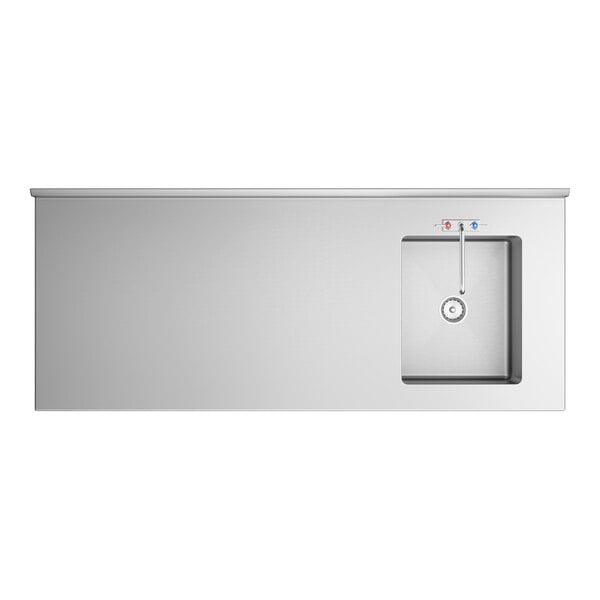 A stainless steel work table with an integrated sink and faucet positioned on the right side.