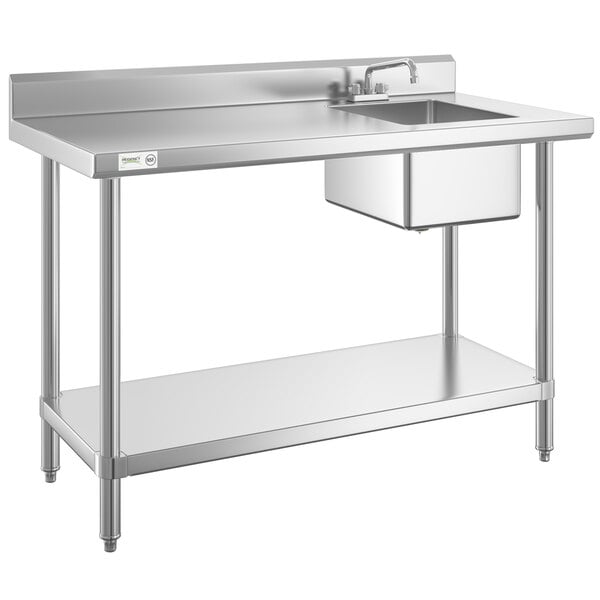A Regency stainless steel work table with a sink on the right, sink, shelf, and drain.
