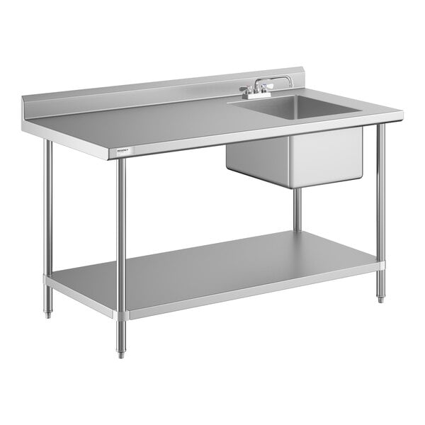 A stainless steel work table with a right-side sink, faucet, backsplash, and a lower shelf.