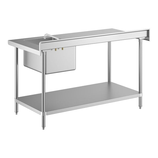 A stainless steel work table with a sink and faucet on the right side, featuring an undershelf and four legs.