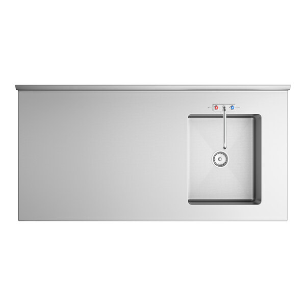 A stainless steel work table with an integrated sink and faucet positioned on the right side.