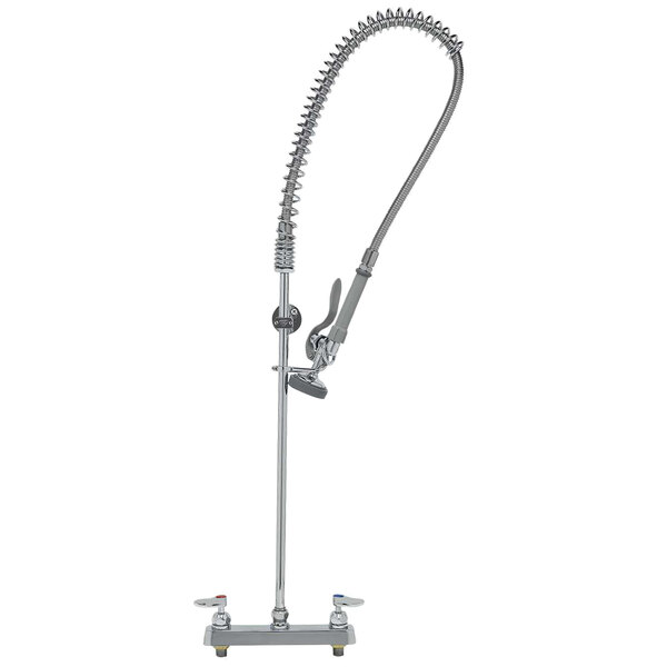 A chrome T&S pre-rinse faucet with a long curved hose.