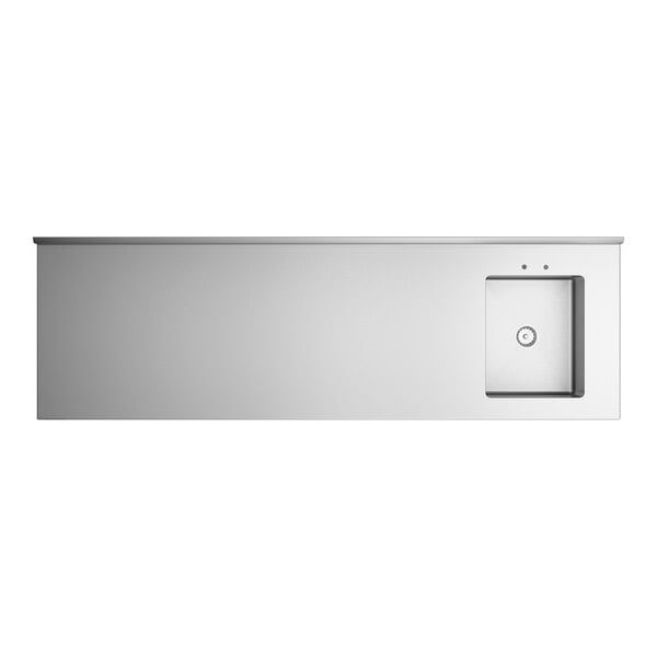A stainless steel work table with a right-side integrated sink and pre-drilled faucet holes.
