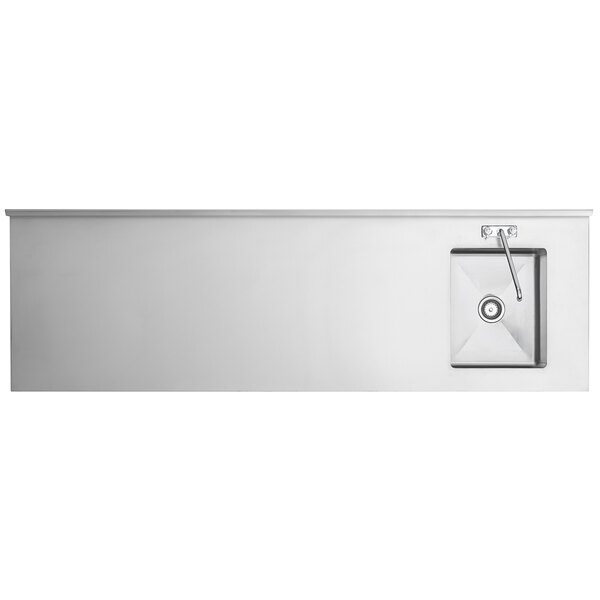 A stainless steel work table with an integrated sink and faucet on the right side.