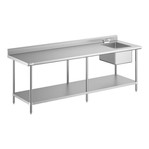 A stainless steel work table with an integrated sink and faucet on the right side, featuring an undershelf and backsplash.