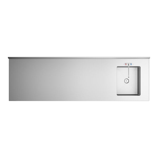 A stainless steel work table with an integrated sink and faucet located on the right side.