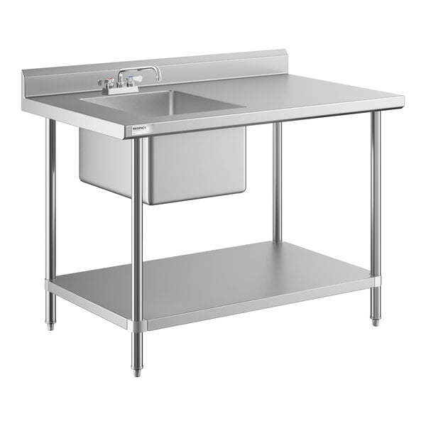 A stainless steel work table with a sink and faucet on the left side, featuring an undershelf and backsplash.