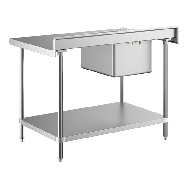 A stainless steel work table with a built-in sink on the left side, an undershelf, and four sturdy legs.