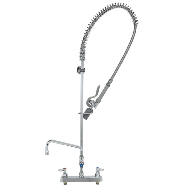 A T&S stainless steel deck mounted pre-rinse faucet with a hose.