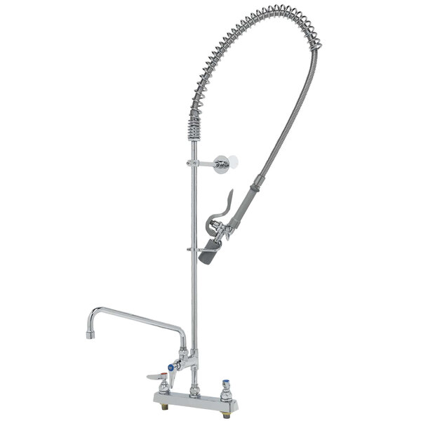 A silver T&S deck mounted pre-rinse faucet with a hose.