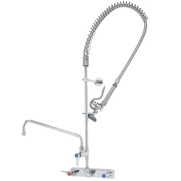 A chrome wall mounted pre-rinse faucet with a stainless steel hose and spout.