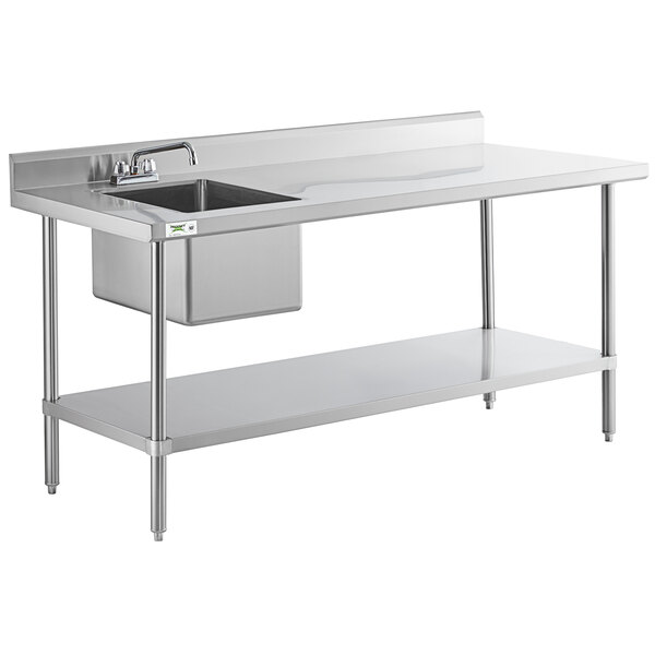 A stainless steel work table with a left-side sink, faucet, backsplash, and lower shelf.