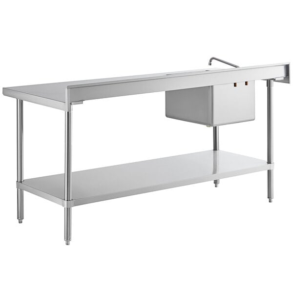 A stainless steel work table with a sink and faucet on the left side and an undershelf.