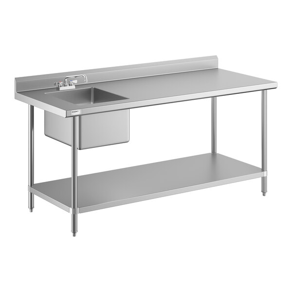 A stainless steel work table with a sink and faucet on the left side, a backsplash, and a lower shelf.