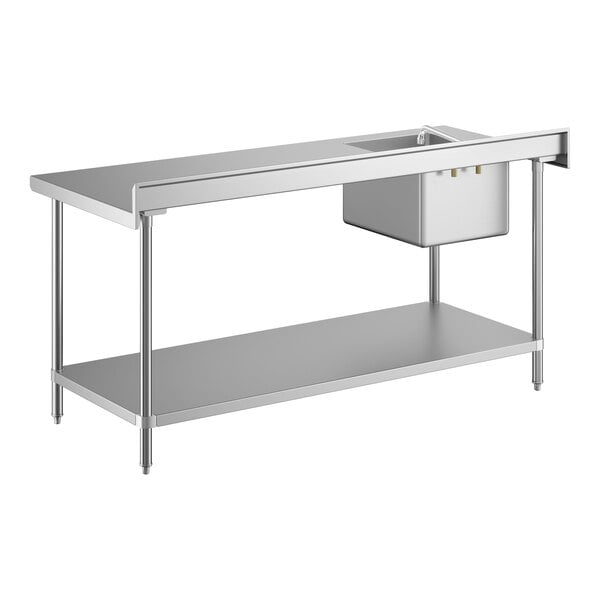 A stainless steel work table with an integrated sink and faucet on the left side, featuring an undershelf for additional storage.
