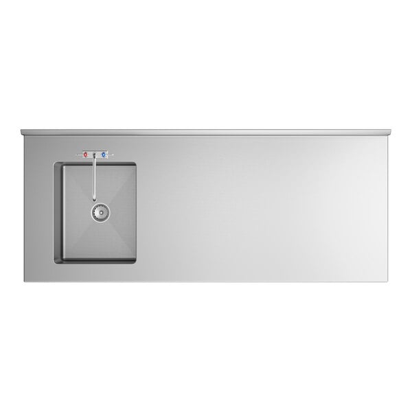 A stainless steel work table with an integrated sink and faucet positioned on the left side.