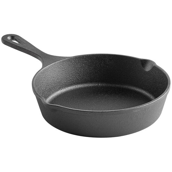A black Choice 8" cast iron skillet with a handle.