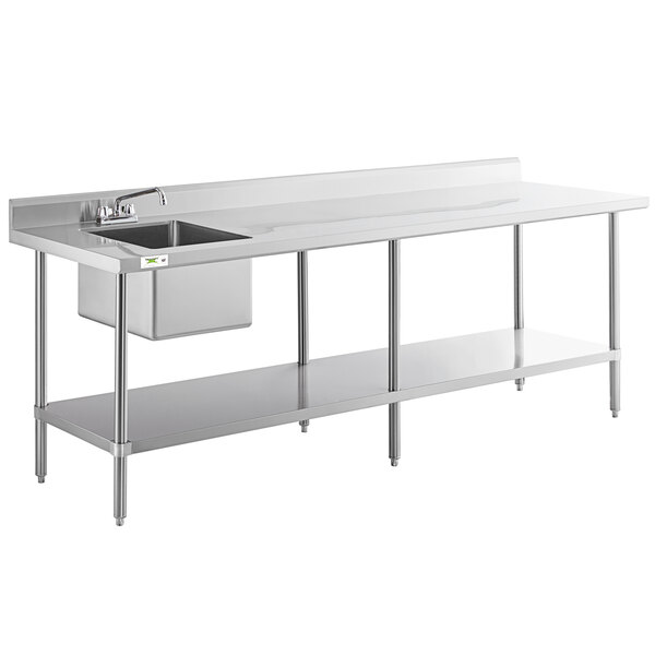 A stainless steel work table with a left-side sink, faucet, and lower shelf.