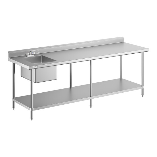 A stainless steel work table with an integrated sink and faucet on the left side, a backsplash, and an open lower shelf.