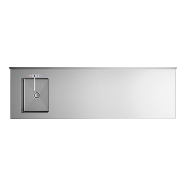 A stainless steel work table with an integrated sink and faucet positioned on the left side.